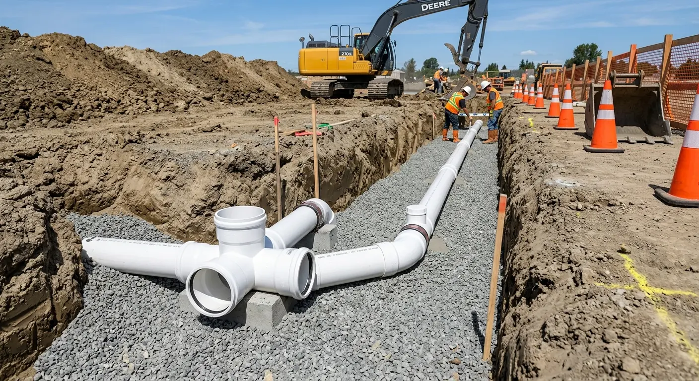 New PVC sewer pipe installation in open trench for Sewer Backup in Chaska