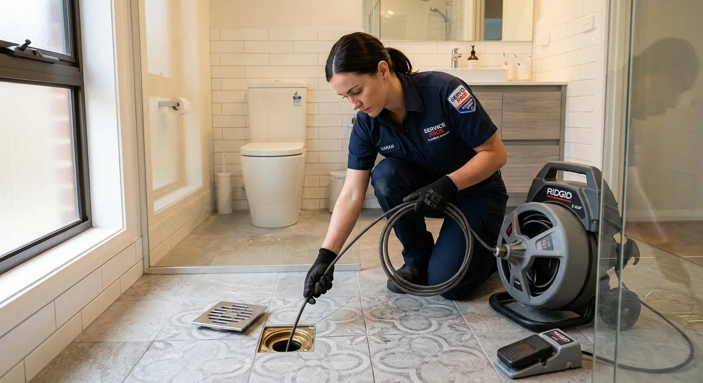 Technician clearing a bathroom floor drain for Sewer Line Installation in Chaska